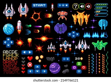 Space game asset 8bit pixel art galaxy planets, rockets, starcraft, font and pixelated game interface buttons. Vintage vector shuttles, fire, explosion, menu elements, heart, arrows, comets or meteors