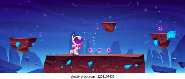 Space game with astronaut on alien planet landscape. Mobile arcade with cute cosmonaut jump on rock platforms collecting bonus and asset items in cosmos cartoon 2d gui adventure, Vector illustration