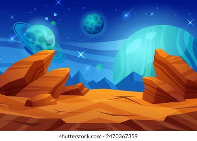 Fondo del juego espacial. Planetas alienígenas en el cielo estrellado. Paisaje de dibujos animados. Animación de IU. Mundo de fantasía. Escena de la galaxia. Fantástica tierra desierta. Estrellas y cometas. Paisaje de arcade. Vector garish universal design