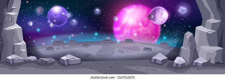 Weltraumspielhintergrund, Karikatur auf fremdem Planeten, Vektorgrafikkrater, Mondgalaxie-Oberfläche. Cosmos Nacht Panorama Himmel, Sterne, Asteroiden Boulders futuristische Banner. Weltraum-Mondlandschaft