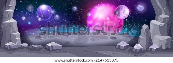 Space game background, cartoon alien planet\
landscape, vector gray stone crater, moon galaxy surface. Cosmos\
night panoramic sky, stars, asteroid boulders futuristic banner.\
Space lunar landscape