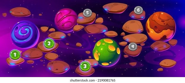 Caricatura de fondo de juegos espaciales en nuestro diseño. Ilustración vectorial de planetas alienígenas coloridos, asteroides de piedra, estrellas y monedas con números marcando el nivel de aventura para el jugador. Interfaz de aplicación de búsqueda de ciencia