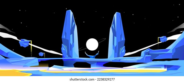 Space game background, fantasy landscape with flying rocks, planets in dark starry sky.  Lava river vector illustration