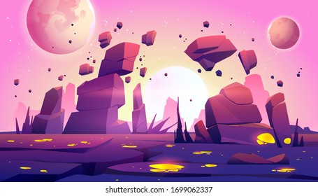 Space game background with landscape of alien planet with rocks, cracks and glowing spots. Vector cartoon fantasy illustration of cosmos and planet surface for gui game design