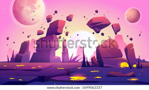 Space game
background with landscape of alien planet with rocks, cracks and
glowing spots. Vector cartoon fantasy illustration of cosmos and
planet surface for gui game
design