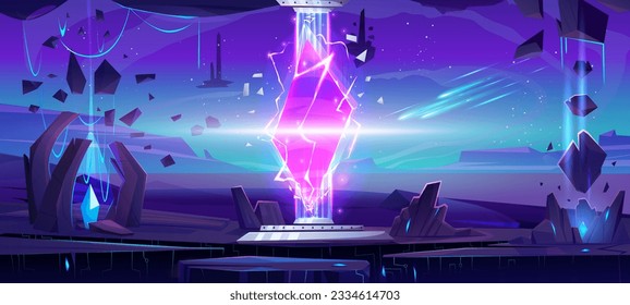Space game background with magic portal or digital hologram. Fantasy planet landscape with futuristic podium with neon light and hologram, vector cartoon illustration