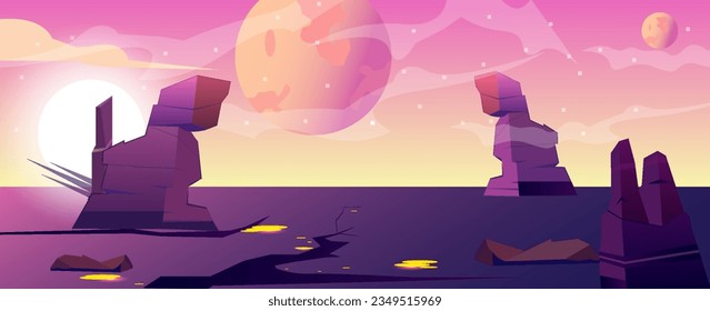 space game background. Vector cartoon fantasy illustration of cosmos and planet surface with rocks, cracks, glowing dots and fog for game design. vector