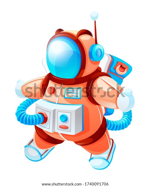 Space game element. Cartoon astronaut in space\
vector illustration. Cosmonaut in outer space. Spaceman in a\
colorful spacesuit and antenna isolated on white background.\
Character of cartoon space\
game