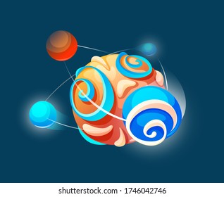 Elemento de juego espacial. El objeto de espacio luminoso brillante de dibujos animados gira alrededor de sí mismo sobre el fondo del espacio ultraterrestre. Brillo brillante de color alrededor de un elemento cósmico en una ilustración vectorial de fondo azul oscuro