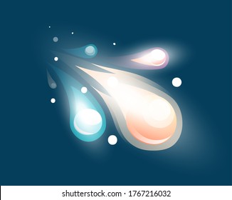 Space game element. Cartoon luminous space object, comet flies down against the background of outer space. Colored bright glow around a cosmic element on a dark blue background vector illustration