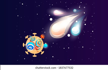 Space game elements. Cartoon luminous shine cosmic objects rotates, approaching the planet on outer space background. Colored bright glow around a cosmic element on a dark blue vector illustration