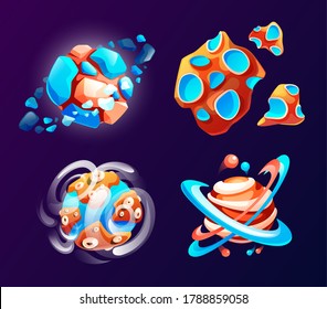 Space game elements. Outer space objects symbols and design elements celestial body planets meteorites. Cartoon fantasy cosmic planets set. Space objects for game design. Vector space illustration