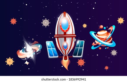Space game elements, rocket and planets in dark blue space. Cartoon luminous shine cosmic objects rotates around itself on outer space background. Colored bright glow around a cosmic elements