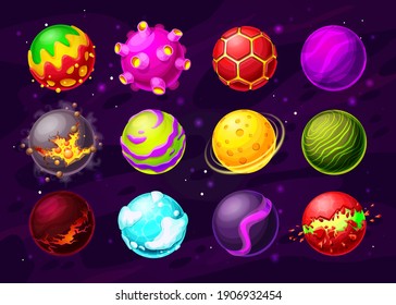 Space game fantasy planets with cartoon vector alien galaxy universe asteroids, craters and orbits, magic halo, stars and meteors, smoke, cracks and ice, magma and rings. Space game gui or ui design