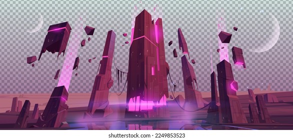 Space game futuristic landscape of alien planet with ruins. Fantasy world with desert, fantastic broken buildings with neon light glow isolated on transparent background, vector cartoon illustration