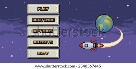 Space game home menu with ship and metal buttons in pixel art and 8-bit style