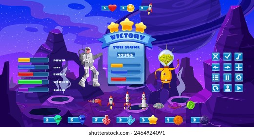 Space Game Kit, Set Buttone für Spiele und App, UI. Spaceman Kit Konstruktor im Cartoon-Stil