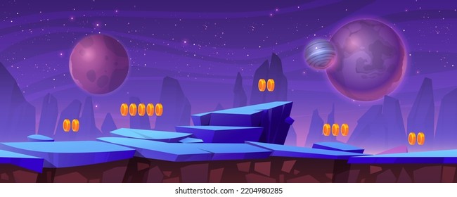 Space game level background with rocky platforms and golden bonus assets. Extraterrestrial cosmic landscape with alien planets, stars, coins, gui interface of arcade game Cartoon vector illustration