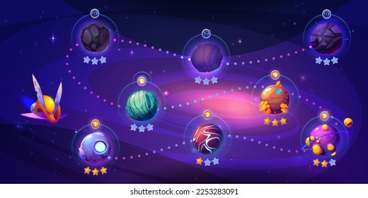 Space game level map with alien planets. Vector cartoon illustration of gaming route with enumerated cosmic objects, way market with dotted line, progress stars, UFO against dark night sky background