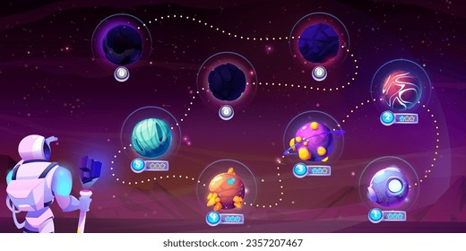 Space game level map with alien planets on dotted route to finish line. Cartoon vector illustration of gaming way with steps marked with mysterious cosmic orbs. Ui play design with funny universe.