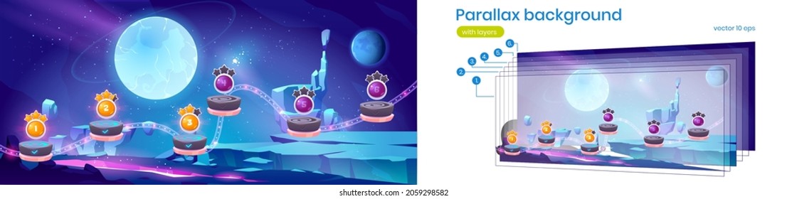 Space game level map with complete stages with gold stars and alien planet landscape. Vector parallax background for 2d game animation with cartoon illustration of cosmos and level platforms