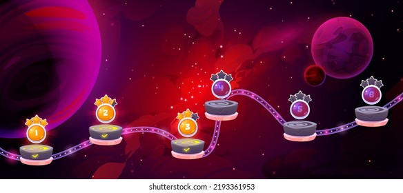 Space game level map with futuristic cosmos background, flying platforms with numbers of stages and gold stars. Futuristic galaxy landscape, vector cartoon background for game interface