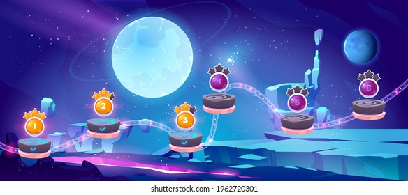 Space Game Level Map With Platforms, Alien Landscape And Planets In Sky. Vector Background For Gui Interface Of Arcade Game With Cartoon Illustration Of Cosmos And Completed Stages With Stars