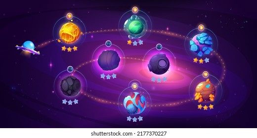 Space game level map with spaceship and alien planets. Cartoon 2d gui computer or mobile arcade with ufo saucer travel in cosmos and bonus stars. Cosmos, universe futuristic trip, vector illustration