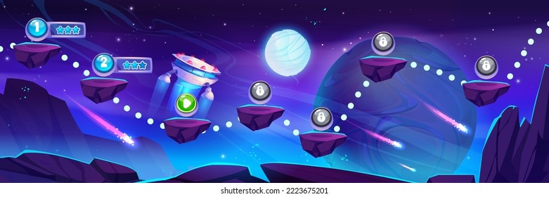 Space game level map with ufo saucer fly over the rock platforms on alien planet landscape. Cartoon computer or mobile arcade with bonus items. Cosmos, universe futuristic location, vector background