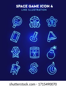 Juego de iconos de línea de juego de espacio. Efecto Neon glow sobre fondo oscuro. Contiene iconos como la bandera, la medalla, la moneda,
Llave, barril, riqueza. Icono de ilustración vectorial para crear un juego 2D.