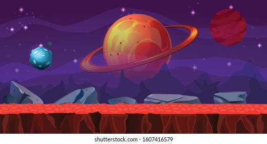 Space game location seamless background  illustrated cosmic bodies and unknown planet landscape with separated layers cartoon vector illustration