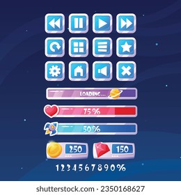 Space Game Menu Buttons. Interactive Icons That Allow Players To Navigate Through Different Options, Vector Set