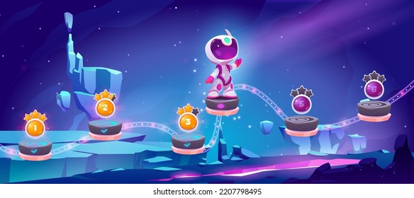 Space game, mobile arcade with astronaut jump on platforms with bonus and asset items on alien planet landscape. Cosmos, universe cartoon 2d gui futuristic adventure with cosmonaut vector illustration