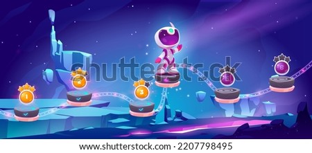 Space game, mobile arcade with astronaut jump on platforms with bonus and asset items on alien planet landscape. Cosmos, universe cartoon 2d gui futuristic adventure with cosmonaut vector illustration