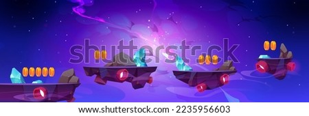 Space game, mobile arcade with flying rock platforms, crystal assets and coins in galaxy with stars and nebula. Interstellar fantasy travel, parallax background 2d design, Cartoon vector illustration