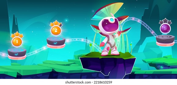 Space game, mobile arcade with kid astronaut on alien planet landscape and jump platforms with bonus or assets. Cosmos, universe cartoon 2d futuristic adventure with baby cosmonaut vector illustration