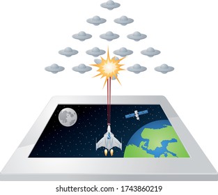 Space game on tablet. Vector illustration.