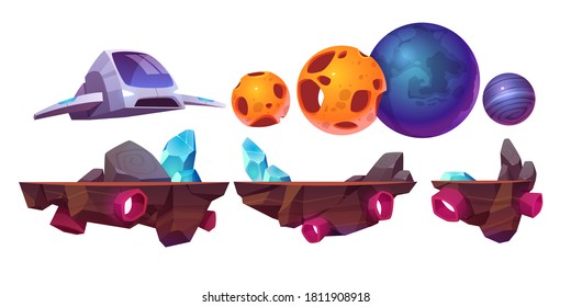 Space Game Platform, Cartoon Arcade Isolated Elements Spaceship, Flying Rocks And Alien Planets For Computer Or Mobile 2d Gui Design. Cosmos Adventure, Universe Futuristic Vector Illustration Set