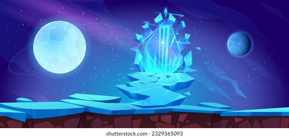 Plataforma de juego espacial con portal de hielo mágico. Dibujo vectorial del puente de piedra cubierto de nieve, paso en arco hacia una puerta espejo fantástica brillando con azul neón, planetas y estrellas en el cielo nocturno