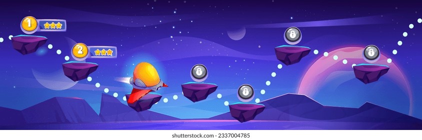 Space game progress map on night sky background. Vector cartoon illustration of aircraft traveling between floating islands to raise bonus points, golden stars and lock icons on arcade stone platforms