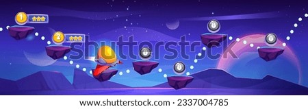 Space game progress map on night sky background. Vector cartoon illustration of aircraft traveling between floating islands to raise bonus points, golden stars and lock icons on arcade stone platforms