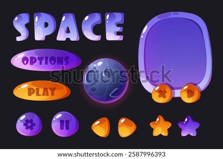 Space Game UI interface. Cartoon space arcade with moon. Galaxy adventure icons. Menu board design