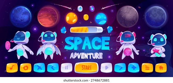 Space game UI kit with cartoon planets, robot characters and cosmic backgrounds. Mobile game asset collection with alien worlds, arcade buttons and galaxy interface elements for video game design.