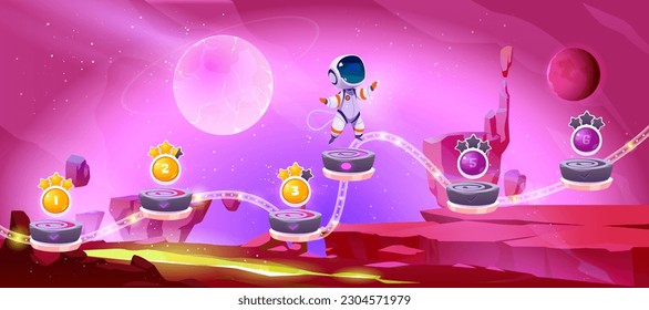 Space game ui level map with planet vector screen background. Galaxy cartoon illustration with alien or astronaut play and flying on star platform in adventure universe. Arcade app interface asset