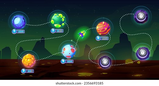 Mapa del juego espacial a nivel ui con planetas alienígenas imaginarios en camino a terminar la línea y el cohete jugador. Ilustración vectorial de dibujos animados de la ruta de los juegos punteada con pasos marcados con misteriosas orbas cósmicas.