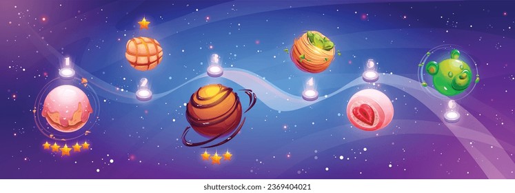 Space game ui level map with imaginary sweet dessert planets on path. Cartoon vector illustration of gaming route with steps marked with magic alien cosmic orbs looking like candy and pastries.