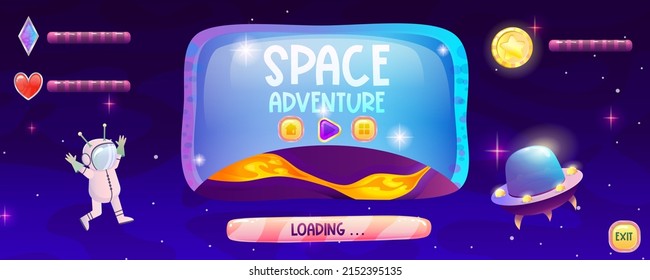 Espacio juego ui pantalla principal con botones, inicio y descarga. Pantalla con planeta, indicadores de corazón, cristales y monedas, astronauta volador alienígena. Ilustración vectorial de dibujos animados para el menú de juego de la aplicación