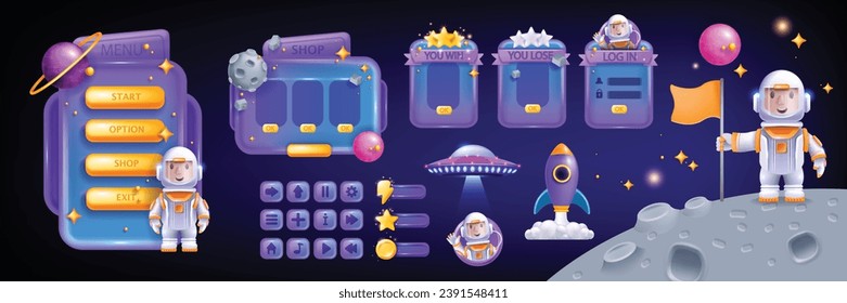 Juego de interfaz de usuario de juego espacial, kit de iconos de interfaz de dibujos animados 3D vectorial, plantilla de menú de usuario de galaxia, estrella, planeta. Aventura niños marco de aplicación móvil, traje de hombre espacial, luna, lanzamiento de cohete, botones. Banner de ciencia ficción de la interfaz de usuario espacial