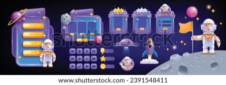 Space game UI set, vector 3D cartoon interface icon kit, galaxy user menu template, star, planet. Adventure kids mobile app frame, spaceman suit, moon, rocket launch, buttons. Space UI sci-fi banner