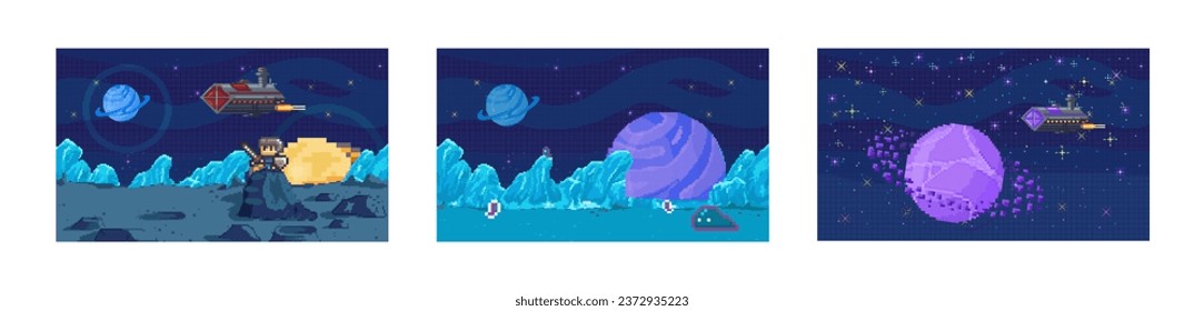 Space game. Vector illustration. The 8-bit space game metaphorically represents vastness universe Playing arcade-style retro space game takes you back to golden age gaming The pixel art visuals